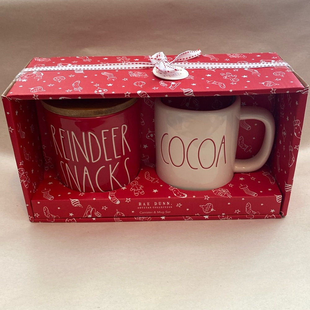 Rae Dunn REINDEER SNACKS canister & COCOA mug set